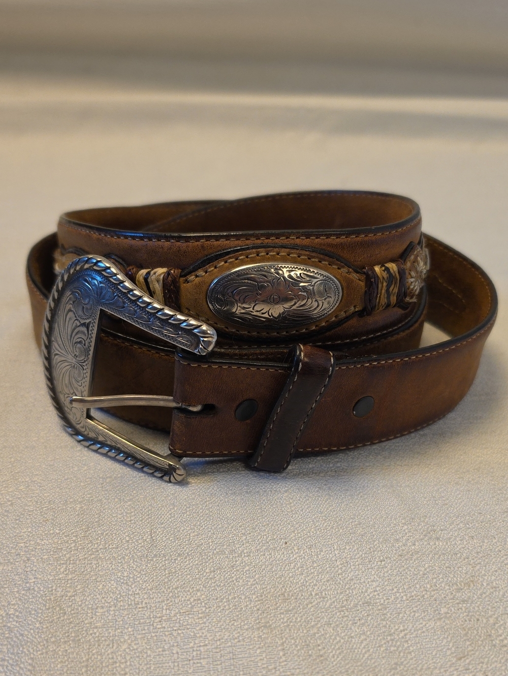 Tony Lama Western Brown Leather Belt with Silver Tone Etched Buckle Size 44